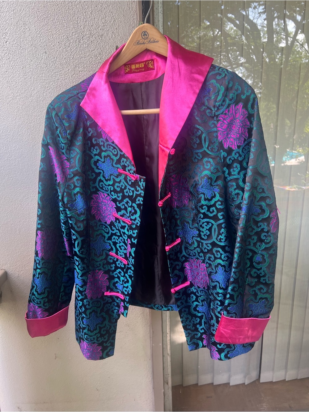 Hot Pink Trim Black & Teal Brocade Women's Jacket Asian Style w/ Toggle Closures